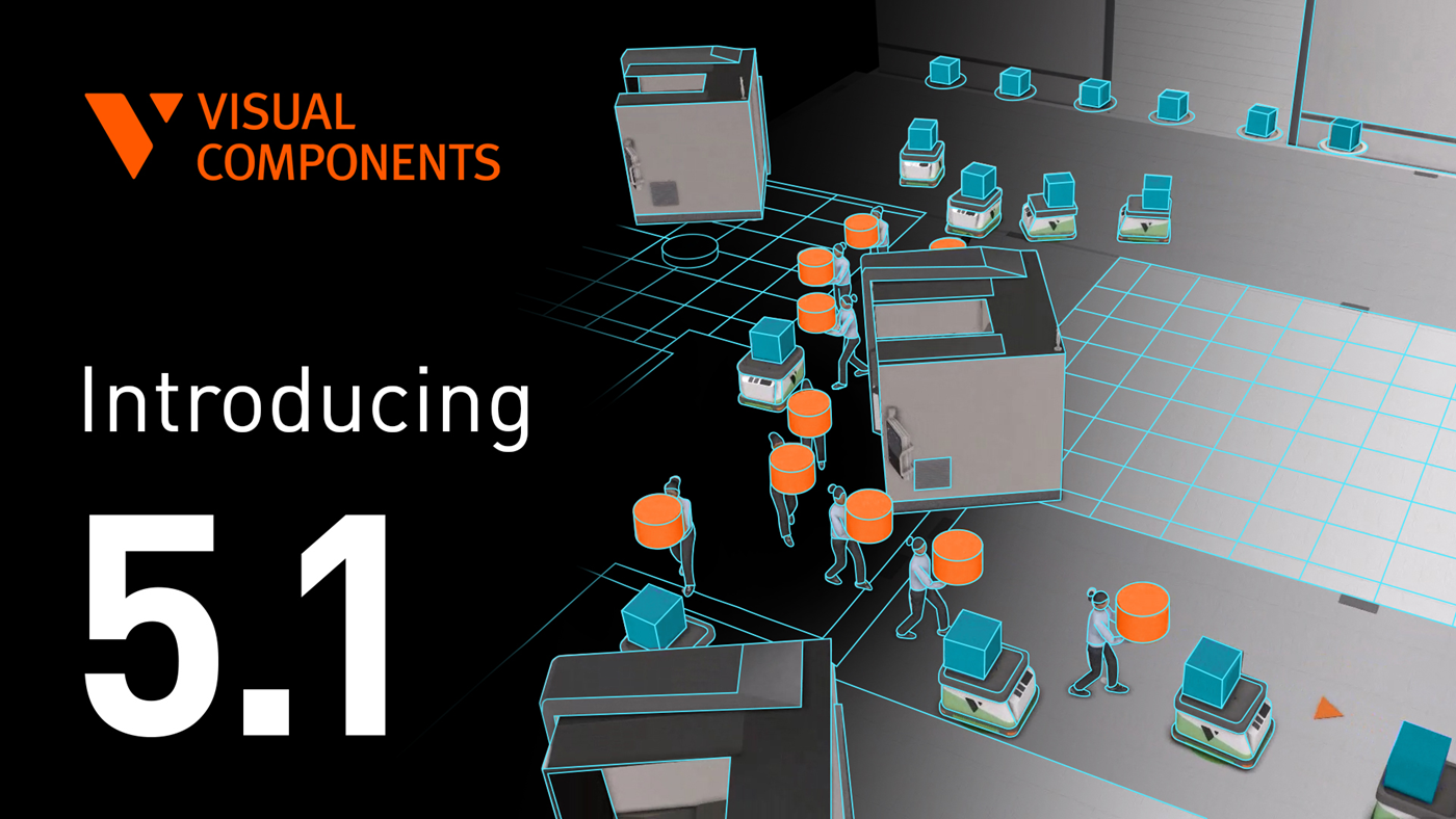Graphics with the text "Visual Components - Introducing 5.1" Showing a factory simulation software with autonomous mobile robots (AMRs), AGVs, and production resources operating in a digital twin environment