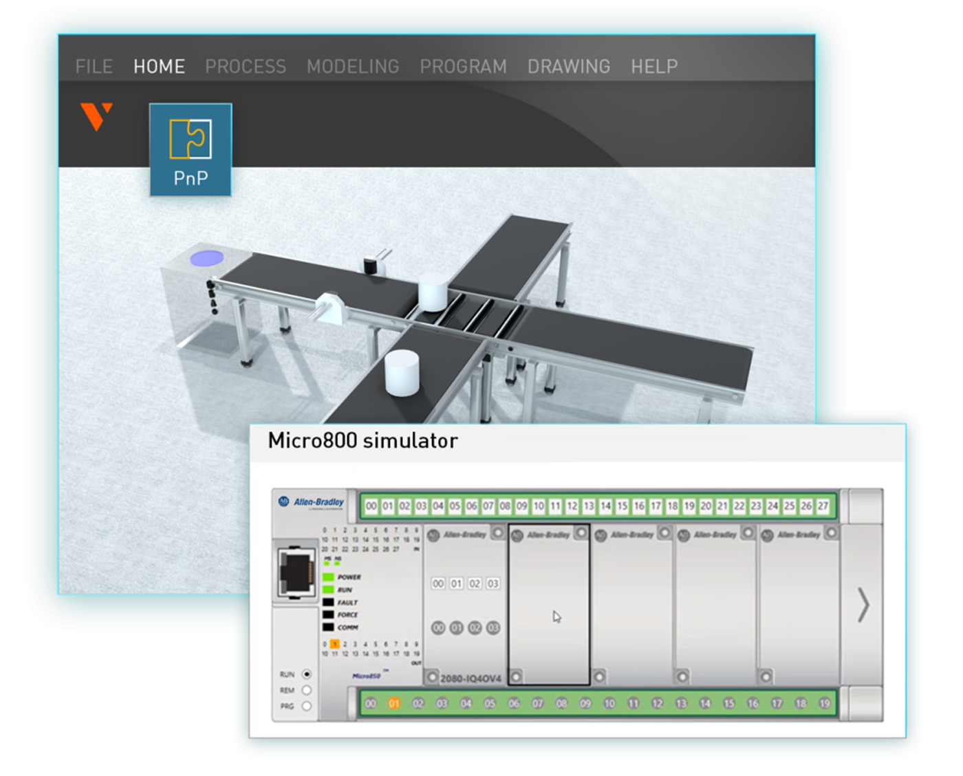 Graphics showing a virtual commissioning workflow in Visual Components, integrating conveyor system simulation with PLC controls for automated production validation