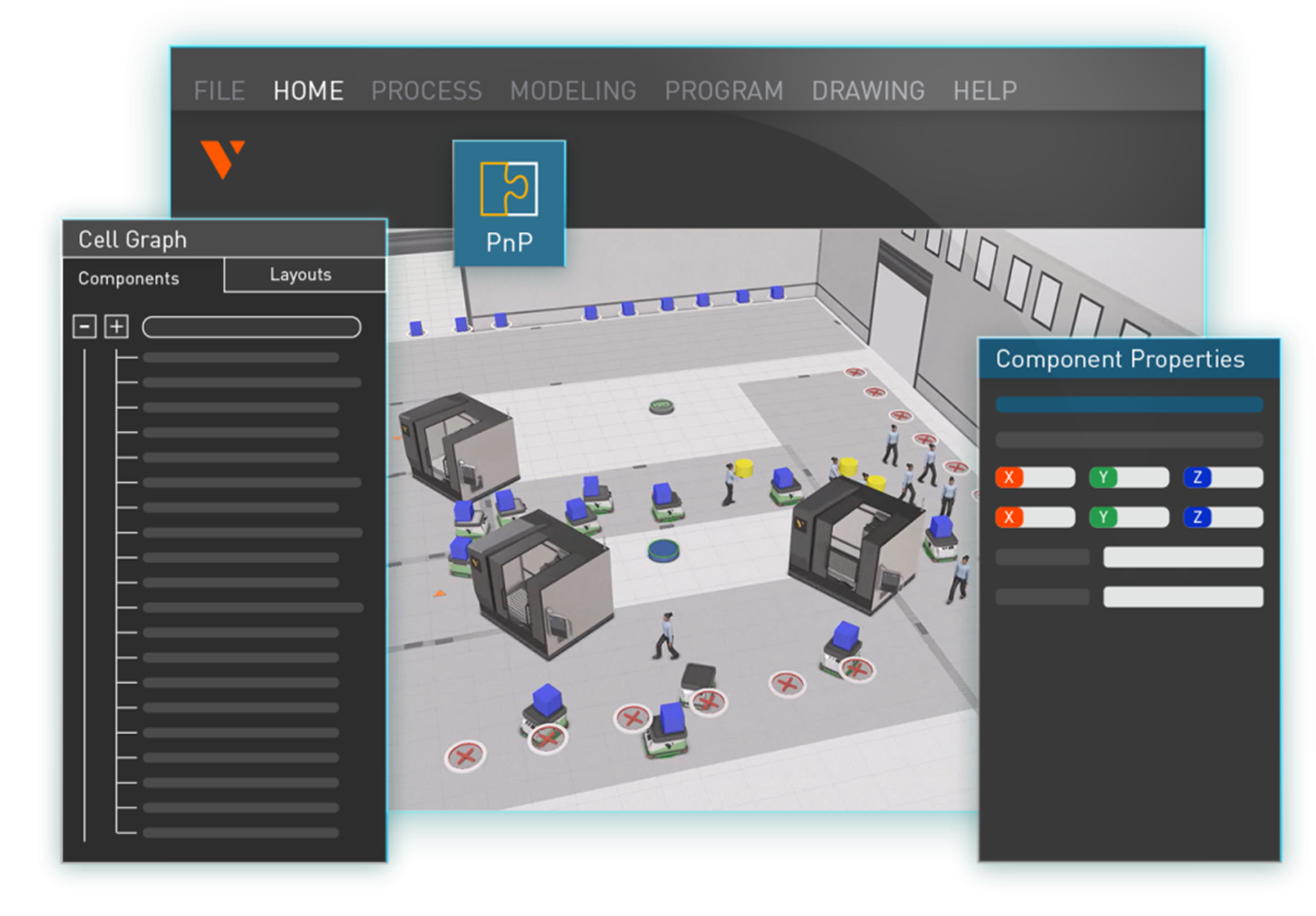 Visual Components software interface for factory simulation and digital twin modelling, showing production layout planning and component configuration tools