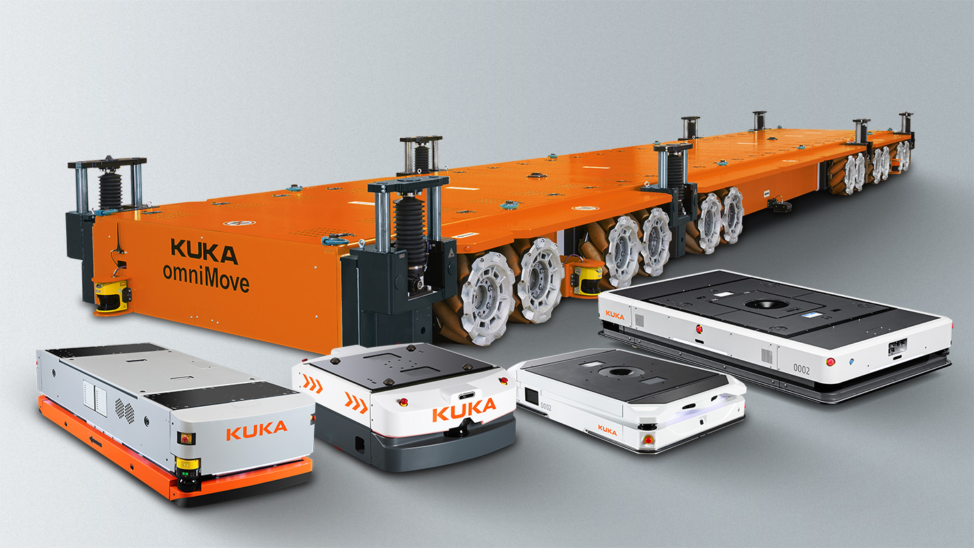 The AMR platforms KUKA omniMove, KMP 3000P omni, KMP 1500P omni, KMP 1500P diffDrive and KMP 600-S diffDrive