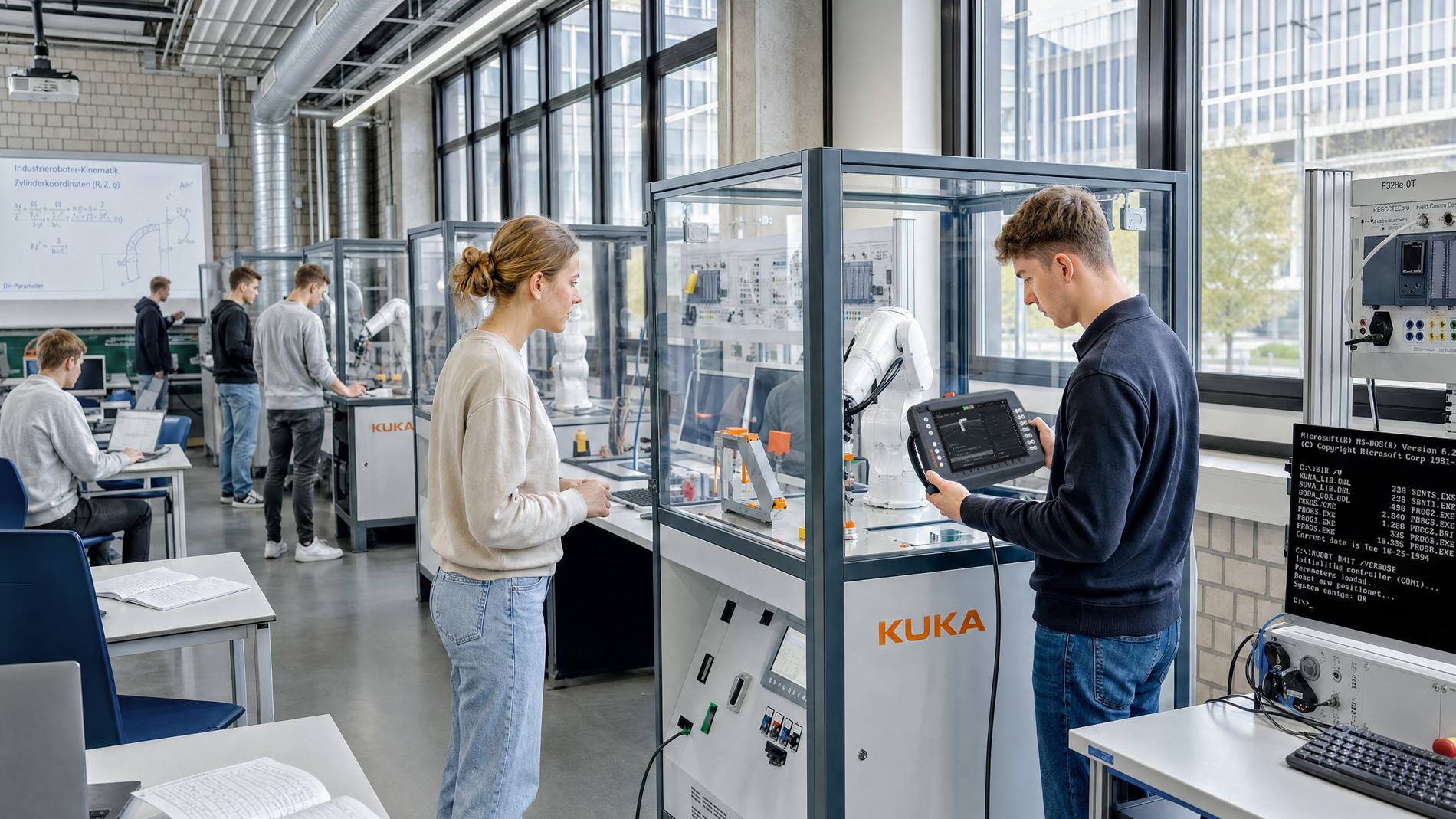 Course participants at the KUKA training cell for universities, colleges, and training companies